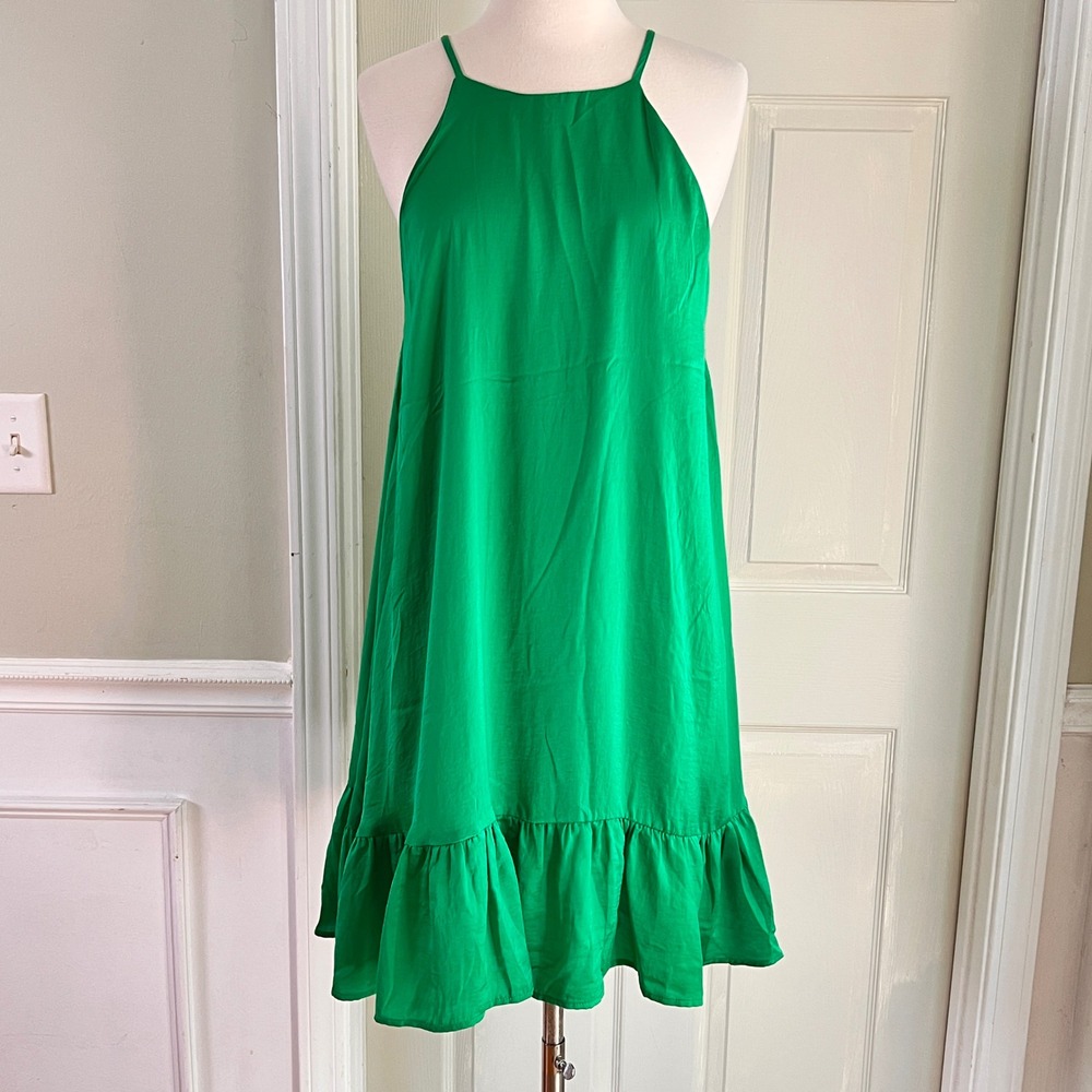 Glam Mini Dress L Women Halter Ruffle Hem High Neck Green GD1480 A-Line Party
